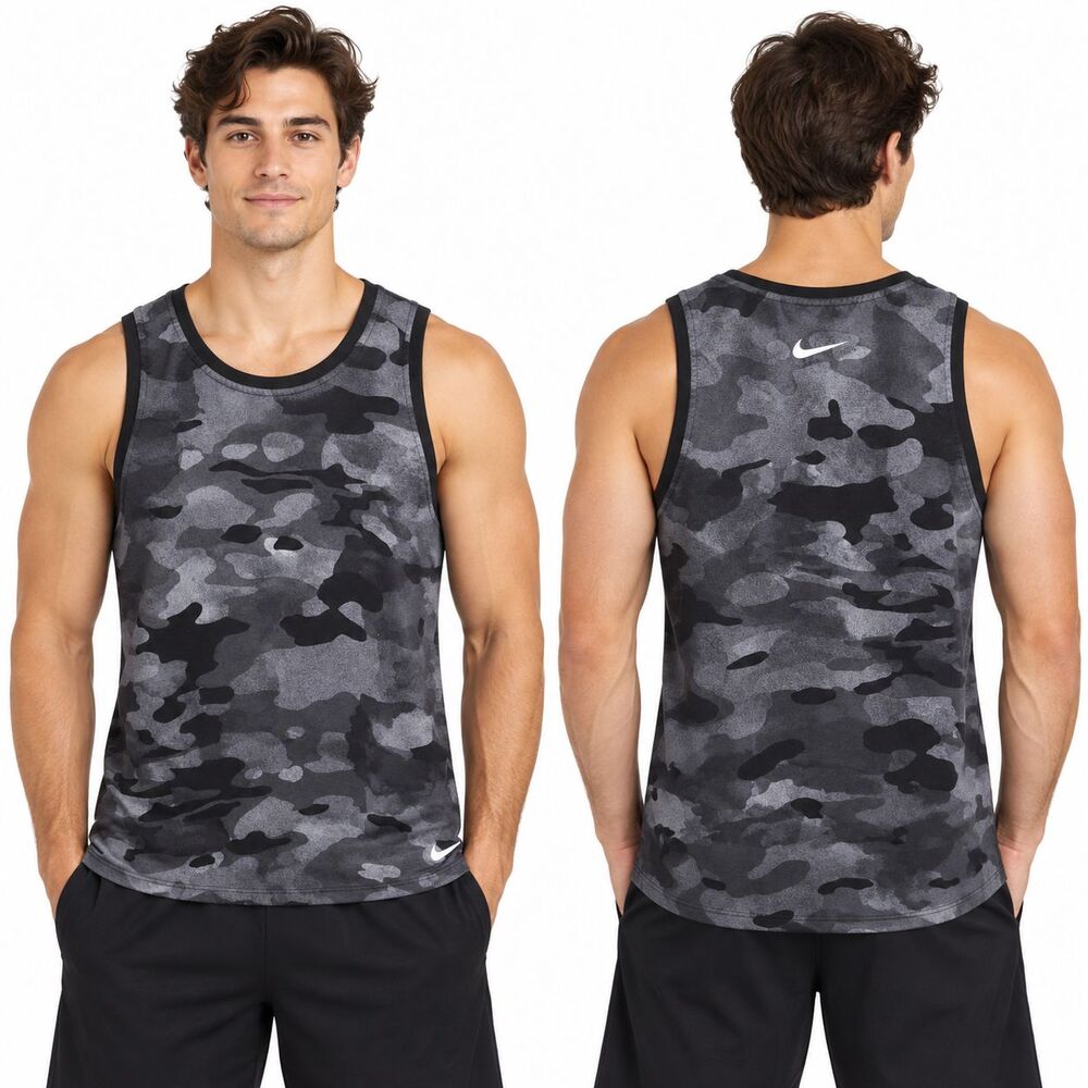 Nike Dri-Fit Men's M Black Gray Camo Sleeveless Tank Top Swoosh Athletic